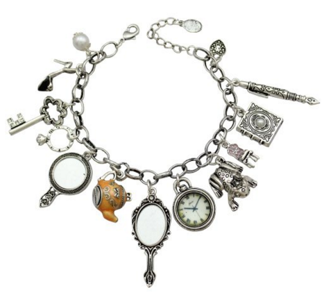 Alice in Wonderland Charm Bracelet Antiqued Silver Fairy Tale Jewelry 7  7/8