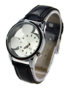 Disney Discovery- Mickey Mouse Hollow Dial Leather Quartz Wrist Watch ...