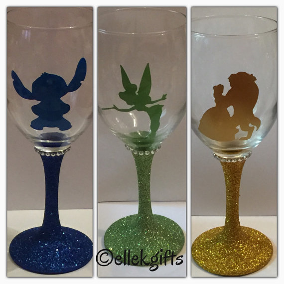 Disney character glitter wine glasses