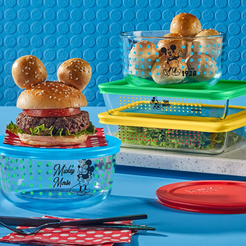 Pyrex Mickey Mouse 4-Cup Round Glass Storage Container with Blue