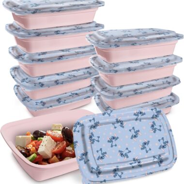 Bright pink and blue Stitch-themed lunch containers with character print design.
