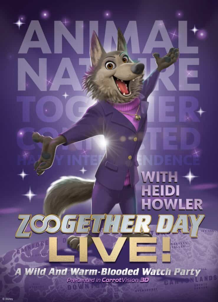 Zogether day live Disney character Heidi Howler, wolf mascot celebrating Animal Nature Togerther Day event.