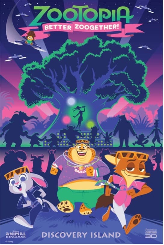 Zootopia animated movie poster with Judy Hopps and Nick Wilde at Discovery Island.