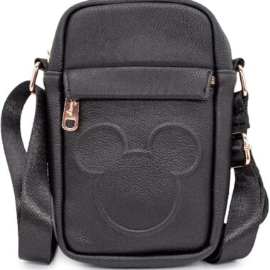 Black Disney Mickey Mouse crossbody bag with embossed face design for Disney fans.