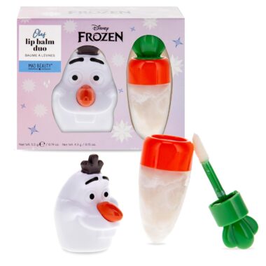 Frozen Olaf lip balm duo with collectible character container, perfect for Disney fans.