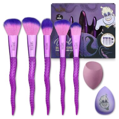 Pink and purple Disney Villains makeup brushes set with sponge applicator and beauty blenders for Disney-themed cosplay.