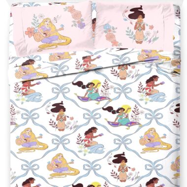 Princess-themed bedding featuring musical and floral designs, perfect for Disney fans.