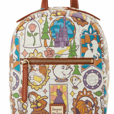 Colorful Disney Princess and castle print mini backpack, Dooney & Bourke logo, perfect for Disney fans.
