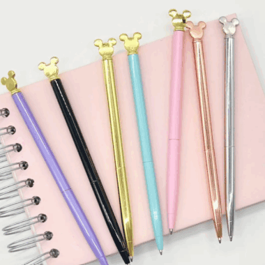 Mickey-shaped top pens in pastel and metallic colors for Disney fashion fans. Perfect stationery for Disney-themed accessories.