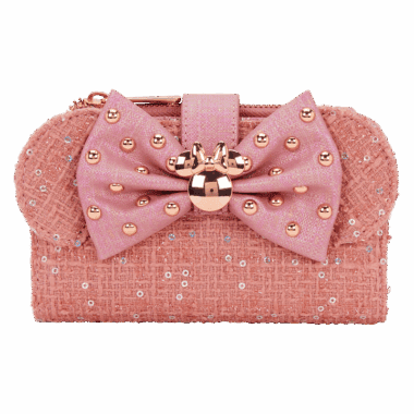 Pink Disney Minnie Mouse clutch bag with bow and sequin details, perfect for Disney-themed fashion events.