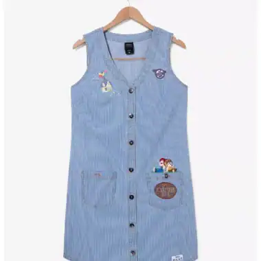 Colorful Toy Story embroidered patches on a blue striped dress. Perfect Disney fashion for kids.