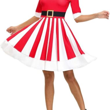 Women’s holiday Christmas dress with red and white stripes, festive belt, and holiday style.