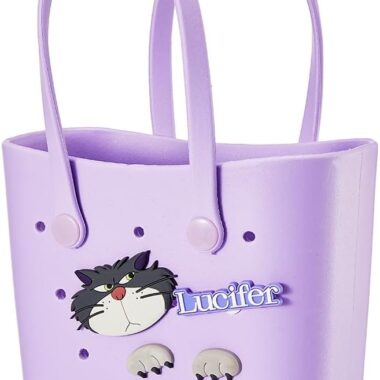 Bright purple Disney Lucifer tote with Lucifer character design, perfect for Disney fans.