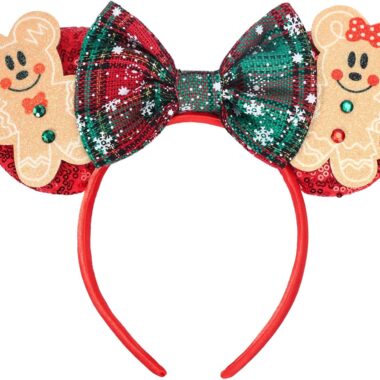 Colorful holiday-themed Minnie Mouse headband featuring gingerbread cookie accents and a plaid bow, perfect for Christmas celebrations.