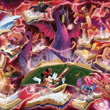 Disney characters flying among open books with magic energy.