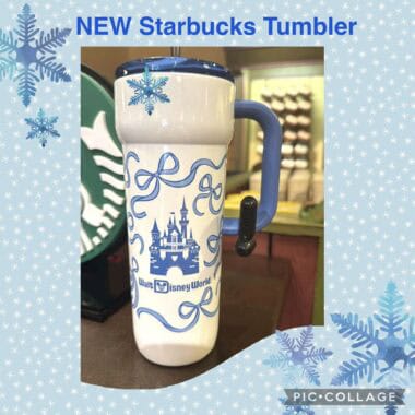 Disney-themed Starbucks tumbler featuring a castle and snowflakes.