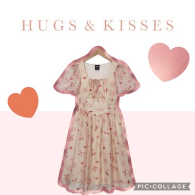 Cute Disney-inspired pastel dress with heart and bow prints for girls. Perfect for Disney fashion lovers.
