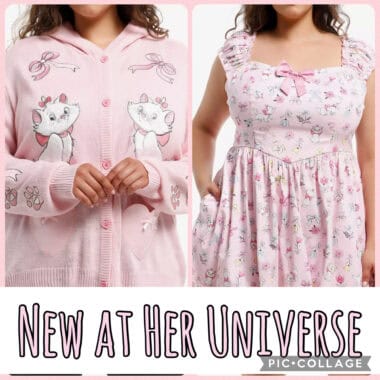 Disney-themed pink dress with floral and animal print, ruffled sleeves, and bow accents.