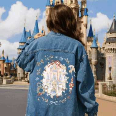 Stylish denim jacket with detailed Disney castle embroidery for Disney fans.