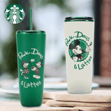 Mickey Mouse themed Starbucks tumbler with straw and "Park Days & Lattes" graphic.