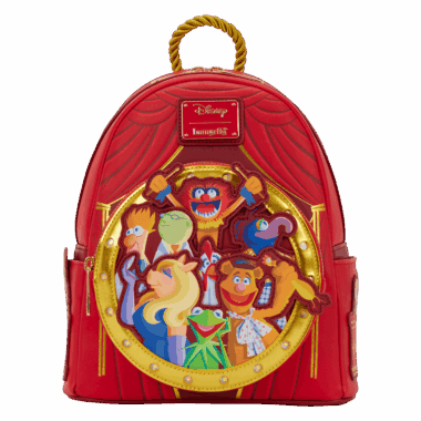 Vibrant red Disney Muppets backpack with colorful embroidered characters, perfect for fans and Disney fashion lovers.
