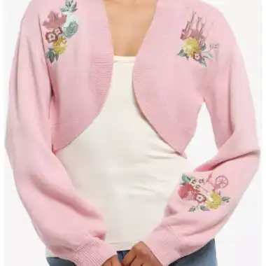 Embroidered pink cardigan featuring Disney castle and flowers, ideal for Disney fashionista outfits.