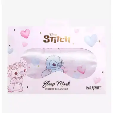 Cute Disney Stitch sleep mask with pink hearts, perfect for Disney fans and relaxation.