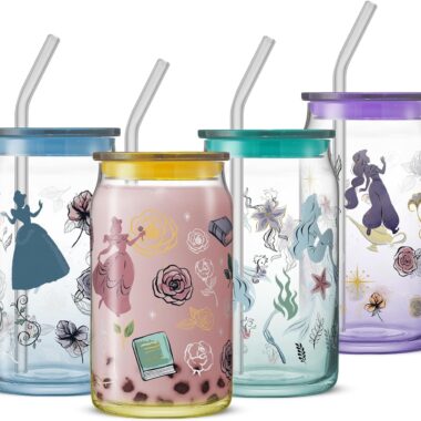 Disney princess-themed reusable drink jars with straws and vibrant colors.