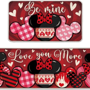 Minnie Mouse themed Valentine's Day decorative signs with heartfelt messages and themed heart and bow accents.
