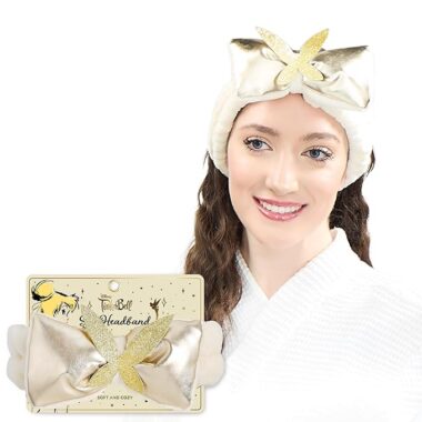 Disney TinkerBell headband with gold glitter bow, perfect for Disney fans and special occasions.