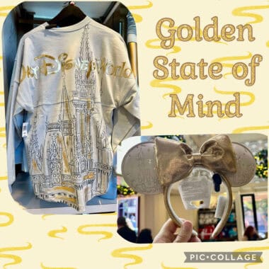 Adorable Disney castle-themed headband featuring gold Minnie Mouse ears and a matching bow.