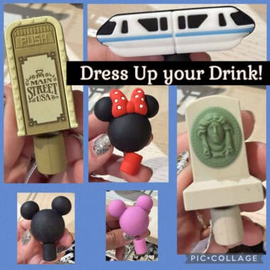 Handheld Disney-themed drink accessories and caps for fun drinks.