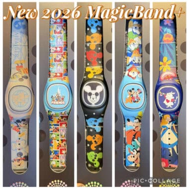Colorful Disney character themed MagicBands for kids and adults.
