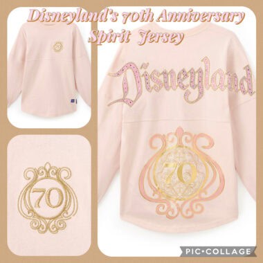 Pink Disneyland 70th anniversary spirit jersey with gold "Disneyland" and "70" embroidery.