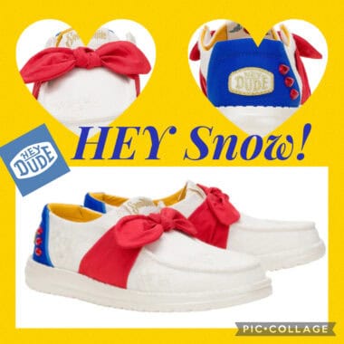 Colorful Disney-themed sneakers with red bow accents, patches, and stylish designs ideal for Disney fashion lovers.