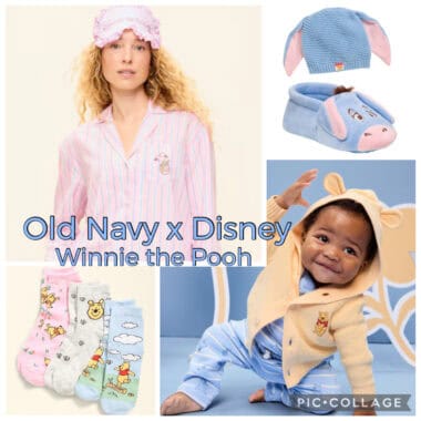 Cute Winnie the Pooh themed baby and kids clothing, socks, slippers, and hats from Disney x Old Navy collection.
