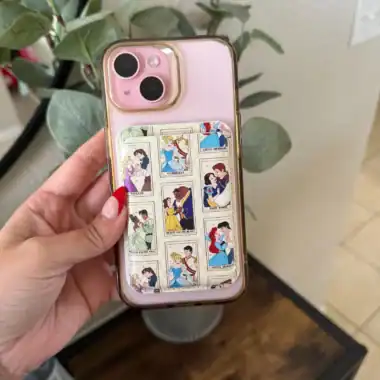 Colorful Disney princess artwork phone case with card holder for iPhone 13, featuring classic fairytale scenes.