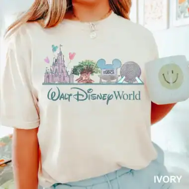 Cute Walt Disney World graphic tee with castle, Hollywood Studios logo, and iconic attractions.