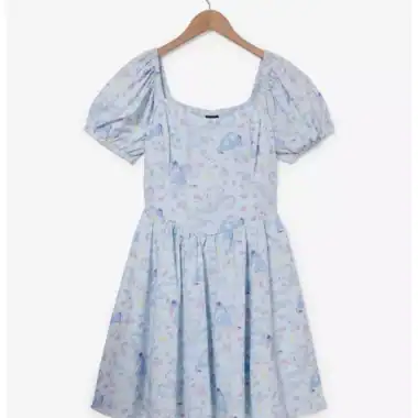 Light blue Disney princess dress with puff sleeves and whimsical print for girls.
