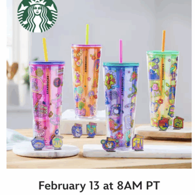 Themed Starbucks tumblers with fun character designs and colorful straws for children.