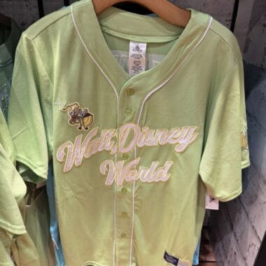 Disney World baseball jersey with pastel green color and "Walt Disney World" embroidery.