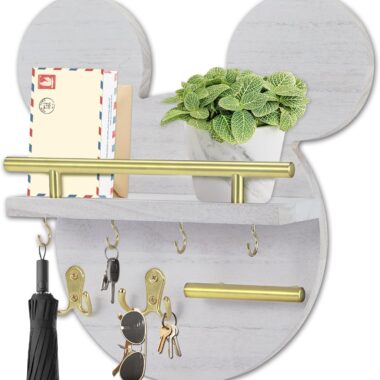 Decorative Mickey Mouse-shaped wall organizer with hooks and shelves for phone, keys, and accessorie.