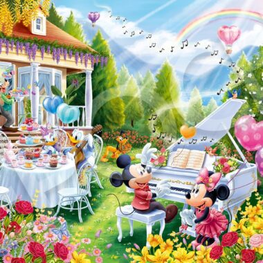 Enchanting Disney characters in a vibrant garden setting with a tea party and musical performance.