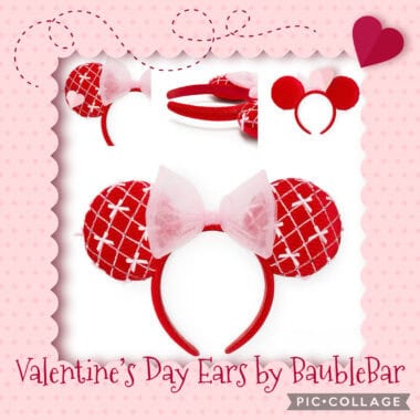 Valentine's Day Mickey Mouse ears headband with red and white plaid pattern and pink bow. Perfect fo.