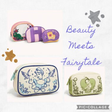 Disney fairy tale-themed cosmetic bags with princess and fairy designs.