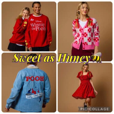 Kids wearing Winnie the Pooh themed sweaters and dress, Disney-inspired fashion.