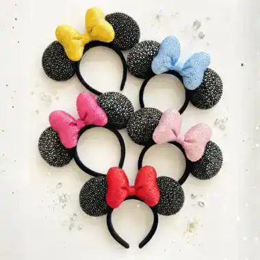 Disney Minnie Mouse headbands with colorful bows and polka dots for kids and adults.