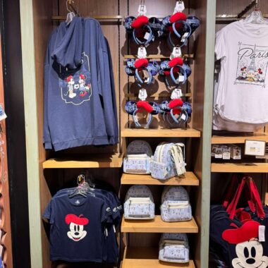 Disney-themed apparel and accessories display with hoodies, backpacks, and headbands.