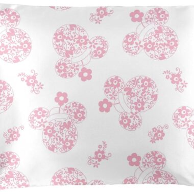 Elegant Minnie Mouse satin pillowcase with pink floral and bow patterns for Disney fans.