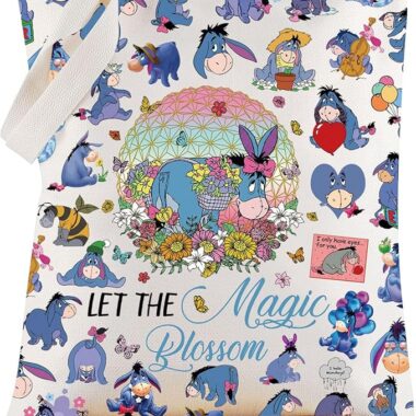 Colorful Eeyore-themed tote bag featuring whimsical characters and floral accents, perfect for Disne.